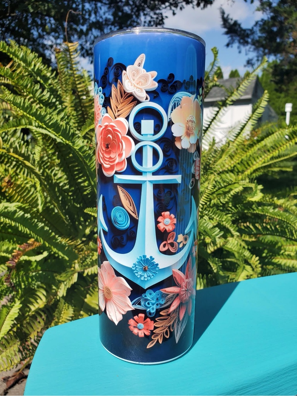 Nautical Anchor Floral Stainless Tumbler - Blue with Coral Accents